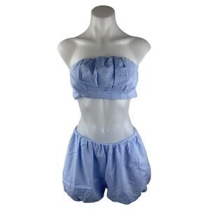 NEW 1987 Blue Gingham Check Strapless Tube Balloon Top Shorts 2 Piece Set Size S